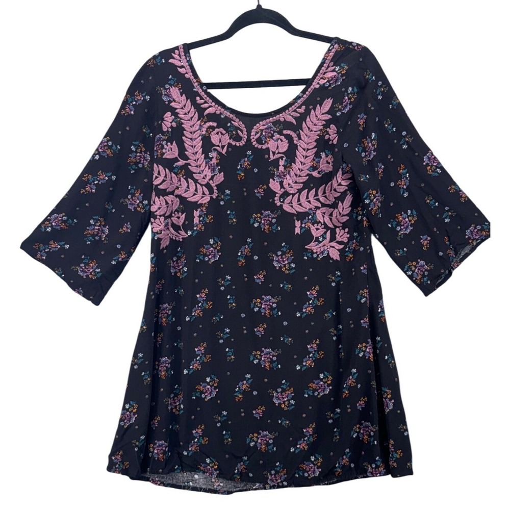 Whimsigoth Womans Tunic Medium Bohemian Embroidered Dark Floral Dark Romantic